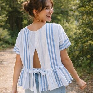 girl krazy Light Blue and White Striped Tie-Back Peplum Tunic